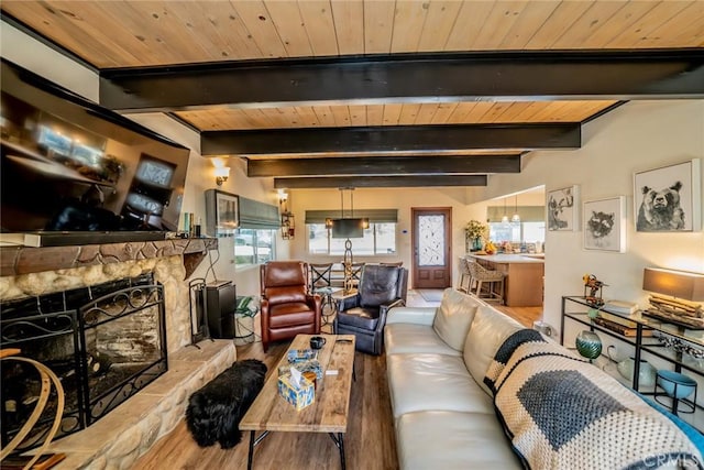 1181 Voltaire Dr, Lake Arrowhead, CA 92352 - living area featuring wood finished floors, a fireplace, and wooden ceiling with exposed beams
