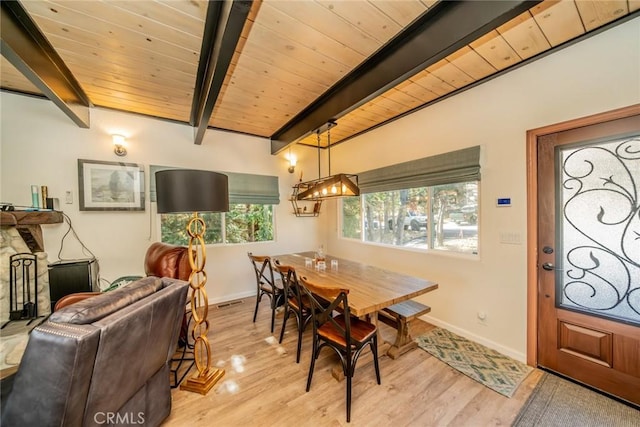 1181 Voltaire Dr, Lake Arrowhead, CA 92352 - dining room featuring light wood-style floors and a wooden ceiling with exposed beams