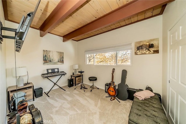 misc room featuring beam ceiling, carpet, and wooden ceiling