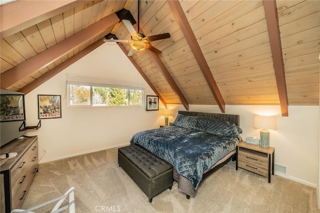 bedroom featuring lofted ceiling with beams, light colored carpet, ceiling fan, and wooden ceiling