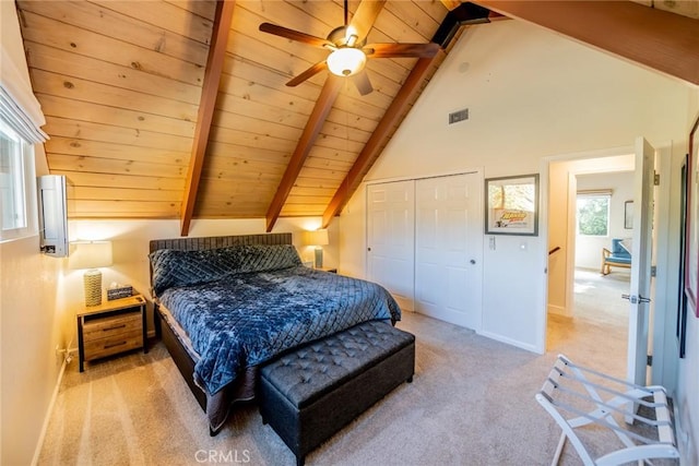 1181 Voltaire Dr, Lake Arrowhead, CA 92352 - carpeted bedroom featuring wooden ceiling, a closet, baseboards, and ceiling fan