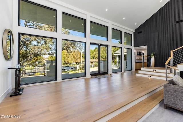 interior space featuring high vaulted ceiling and light hardwood / wood-style floors