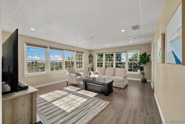 living room with dark hardwood / wood-style flooring and plenty of natural light