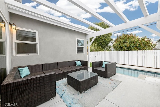 view of patio featuring a pergola, an outdoor living space, and a fenced in pool