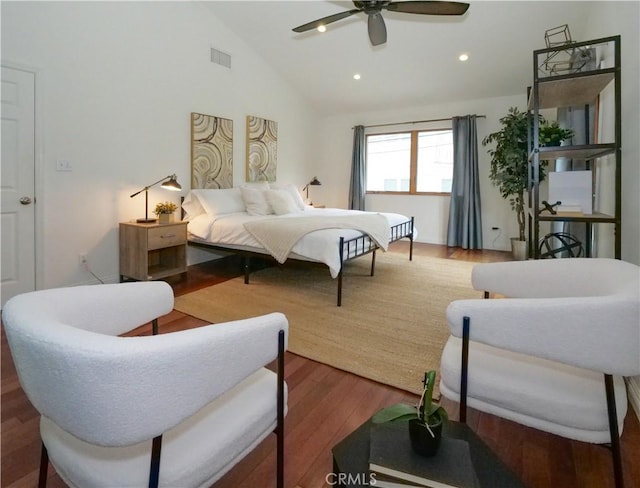 bedroom featuring visible vents, high vaulted ceiling, wood finished floors, recessed lighting, and ceiling fan