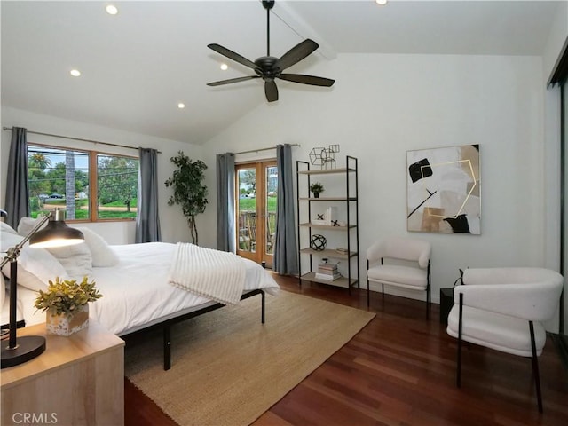 bedroom with vaulted ceiling, recessed lighting, wood finished floors, and ceiling fan