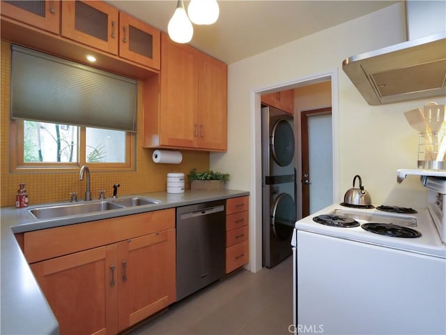 kitchen with extractor fan, white range with electric cooktop, dishwasher, stacked washer and dryer, and a sink