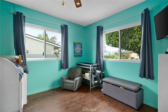 sitting room with a textured ceiling and dark wood-type flooring