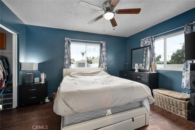 bedroom featuring a textured ceiling, dark hardwood / wood-style flooring, and ceiling fan