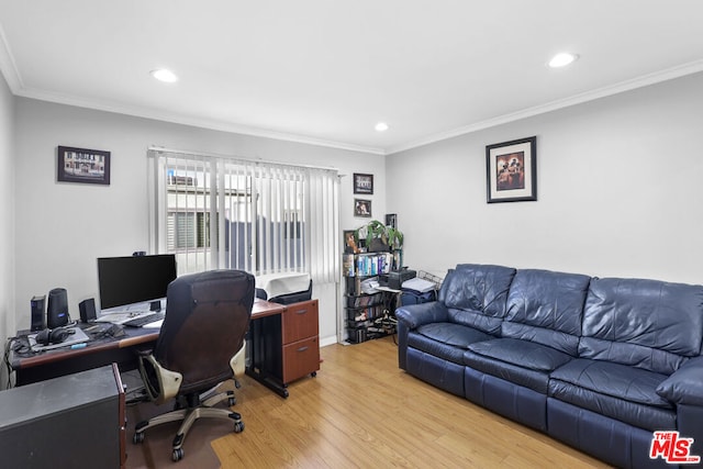 office space with light hardwood / wood-style flooring and crown molding