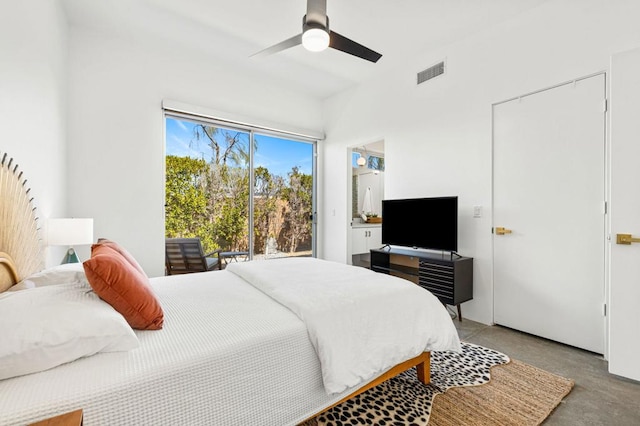 bedroom with access to outside and ceiling fan