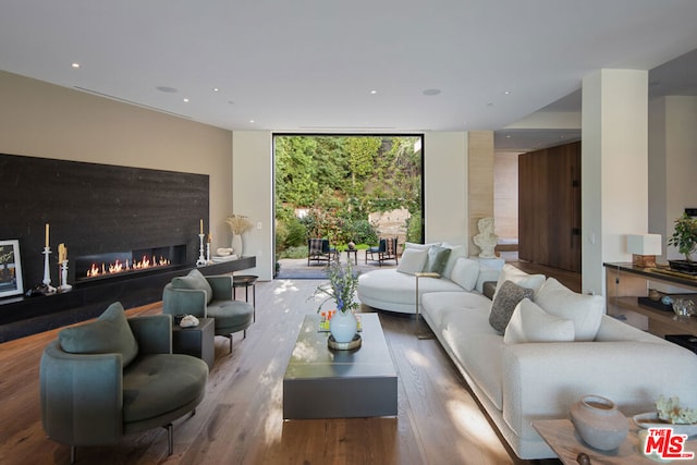 living room with hardwood / wood-style flooring and a wall of windows