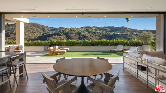 view of patio with a mountain view