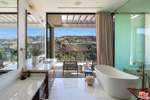 bathroom with a wealth of natural light, a washtub, vanity, and a mountain view