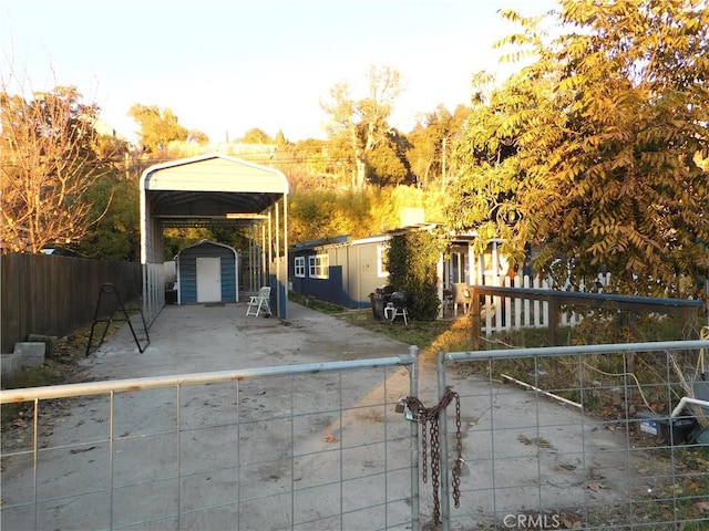 exterior space featuring a shed