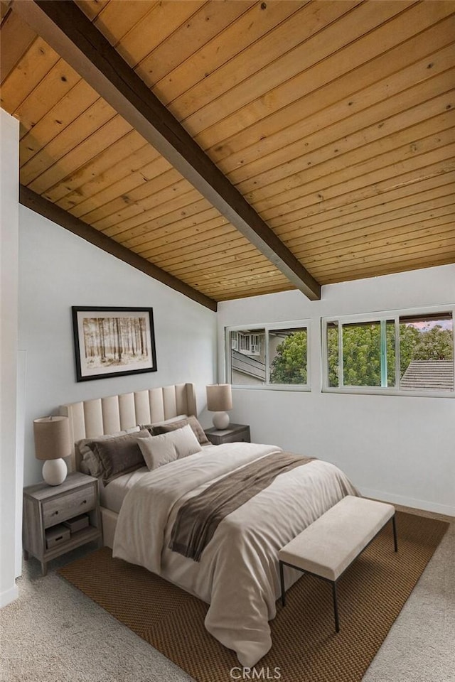 carpeted bedroom featuring vaulted ceiling with beams and wooden ceiling