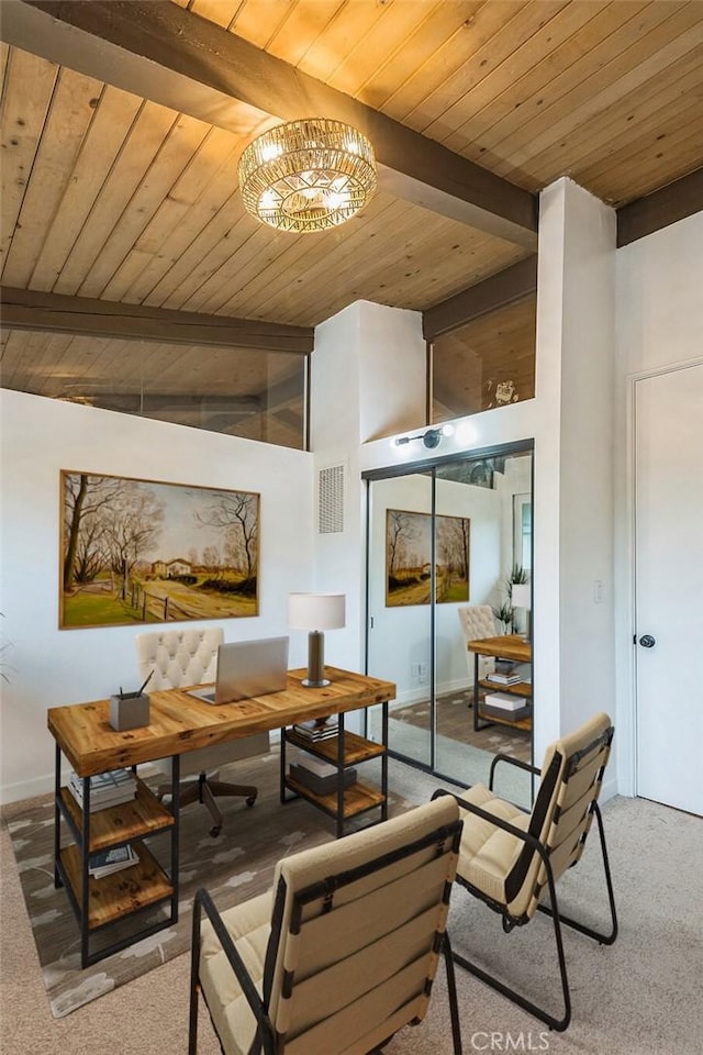 office space featuring vaulted ceiling with beams and wooden ceiling