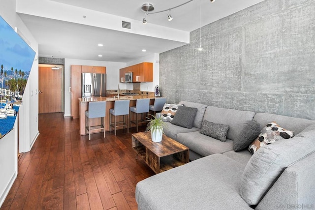 living room with dark hardwood / wood-style floors and sink