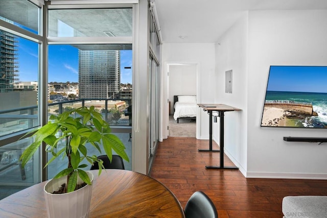 hall with floor to ceiling windows, dark wood-type flooring, and electric panel