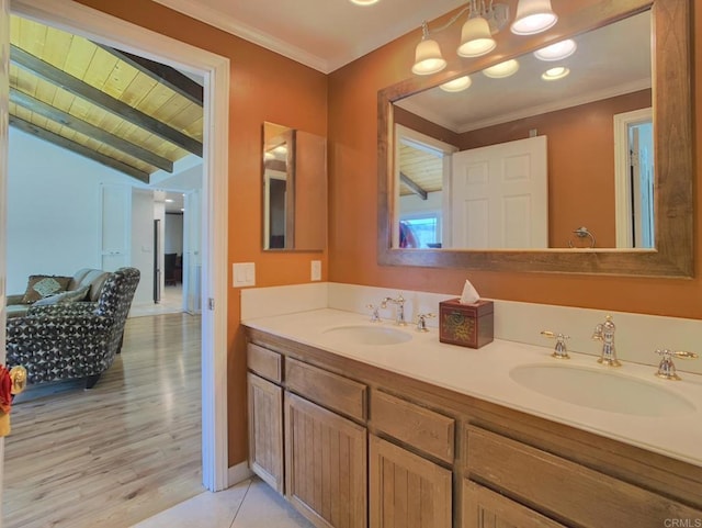 bathroom with vanity, an inviting chandelier, vaulted ceiling, hardwood / wood-style flooring, and wood ceiling