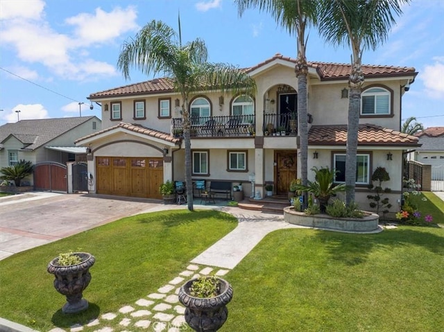 mediterranean / spanish home with a balcony and a front lawn