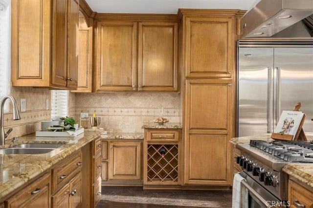 kitchen with sink, dark hardwood / wood-style floors, decorative backsplash, premium appliances, and light stone counters