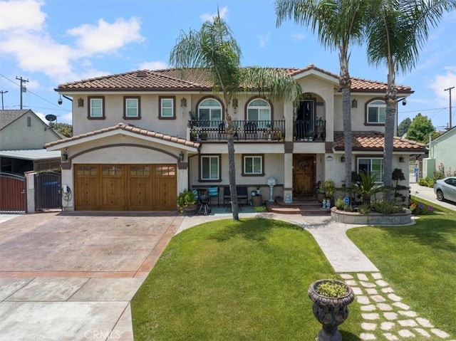 mediterranean / spanish-style house featuring a garage, a balcony, and a front lawn