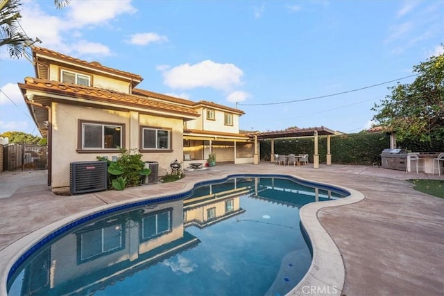 view of swimming pool featuring a pergola, area for grilling, central AC unit, a grill, and a patio