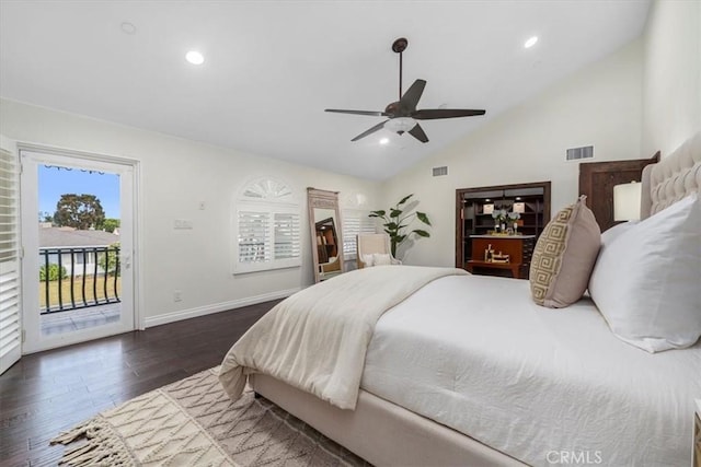 bedroom featuring access to exterior, dark hardwood / wood-style floors, high vaulted ceiling, and ceiling fan