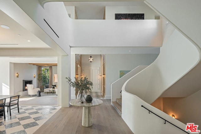 foyer featuring light hardwood / wood-style flooring and a high ceiling