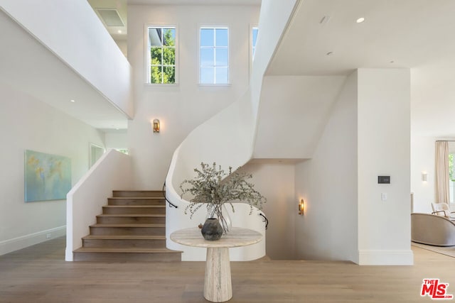 staircase with hardwood / wood-style flooring