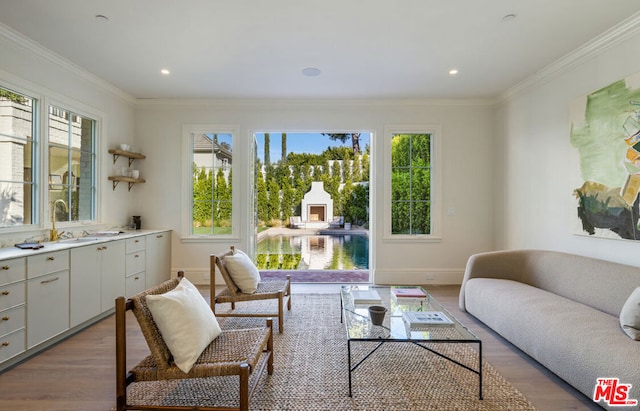 living area with light hardwood / wood-style floors, a wealth of natural light, and crown molding