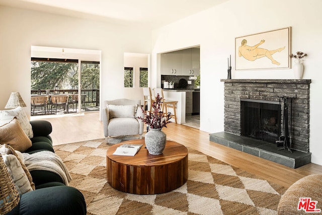 living room featuring light wood-type flooring and a fireplace