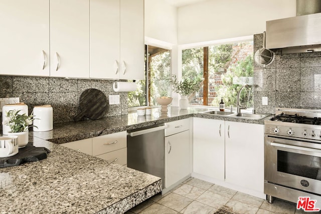 kitchen with backsplash, ventilation hood, stainless steel appliances, sink, and white cabinetry