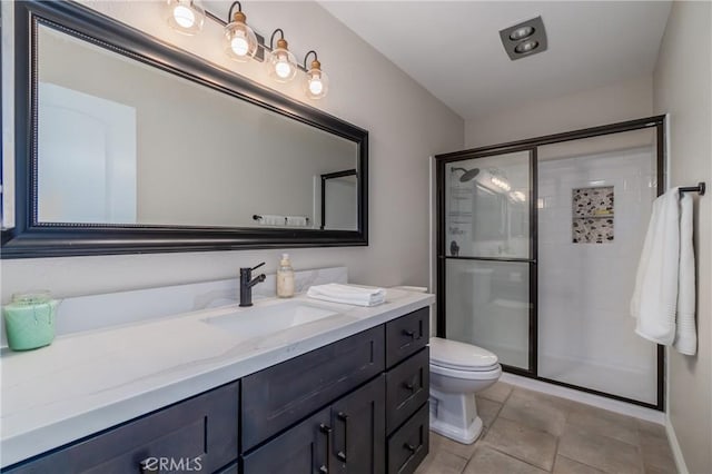 bathroom featuring a shower with door, vanity, and toilet