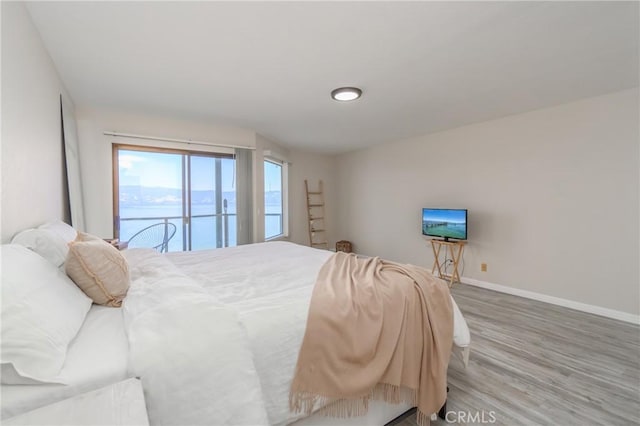 bedroom featuring wood-type flooring and access to outside