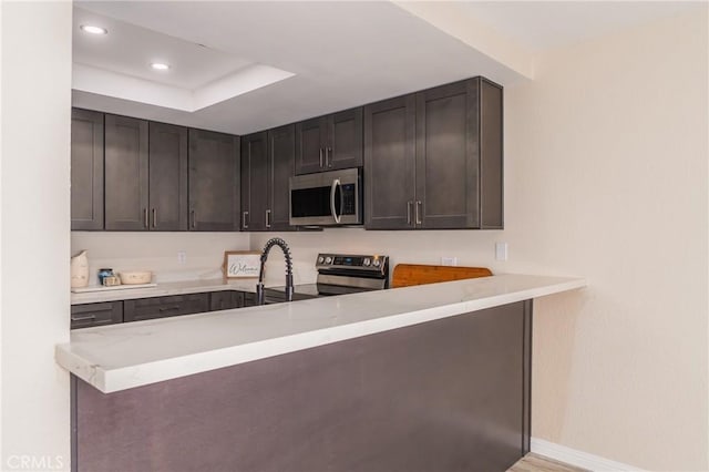 kitchen with dark brown cabinetry, kitchen peninsula, and appliances with stainless steel finishes