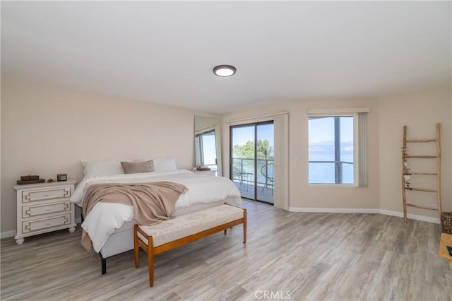 bedroom featuring access to exterior and light hardwood / wood-style flooring