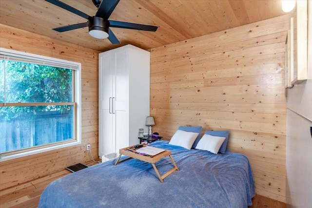 bedroom featuring ceiling fan, wooden walls, and wooden ceiling