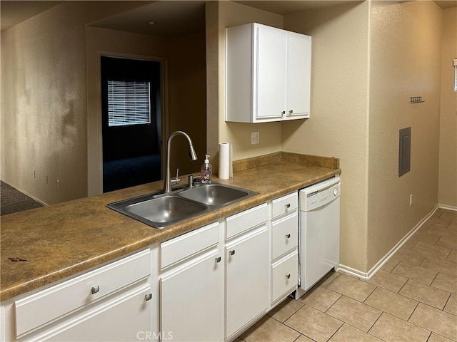 kitchen featuring sink, light tile patterned floors, electric panel, white dishwasher, and white cabinets