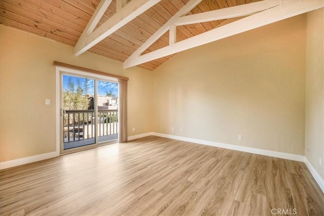 unfurnished room with hardwood / wood-style flooring, beam ceiling, and wood ceiling