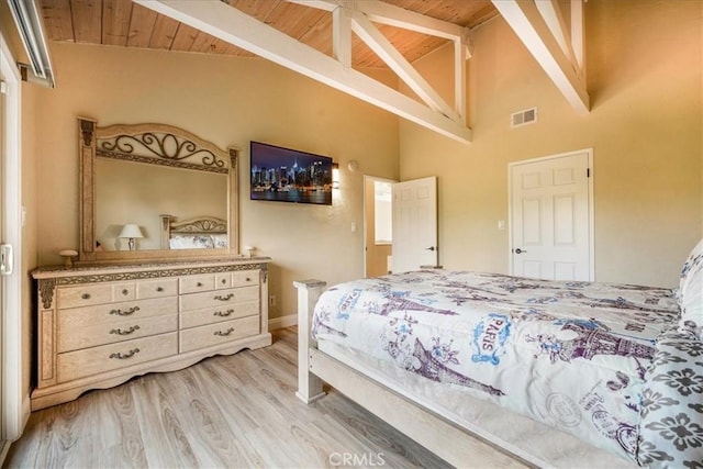 bedroom featuring beam ceiling, light hardwood / wood-style floors, high vaulted ceiling, and wooden ceiling