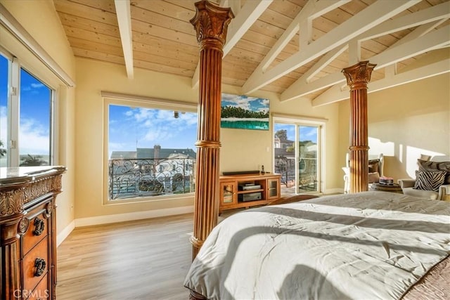 bedroom with wood ceiling, lofted ceiling with beams, light hardwood / wood-style floors, and access to outside