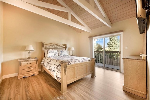 bedroom featuring wooden ceiling, high vaulted ceiling, light hardwood / wood-style flooring, access to exterior, and beamed ceiling