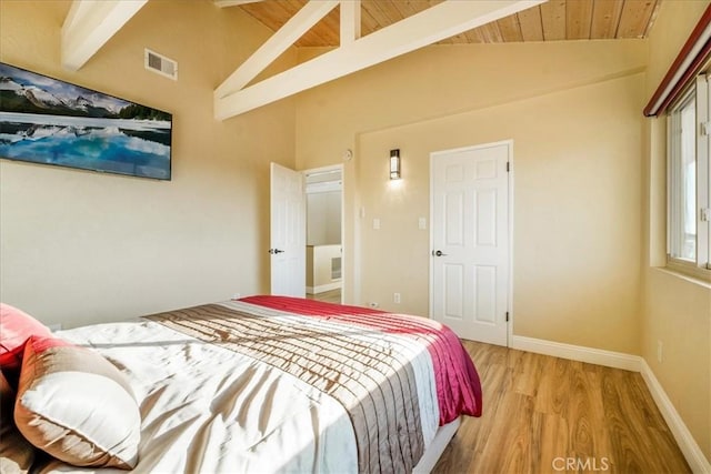 bedroom with beam ceiling, wood ceiling, high vaulted ceiling, and light hardwood / wood-style flooring