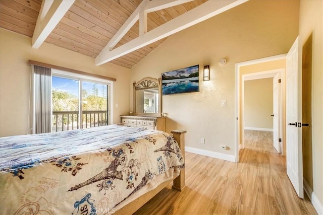 bedroom featuring access to exterior, vaulted ceiling with beams, light hardwood / wood-style floors, and wood ceiling