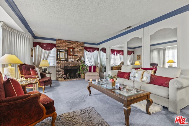 living room with plenty of natural light, carpet floors, and a textured ceiling