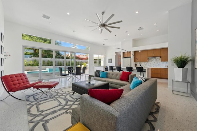 living room with ceiling fan