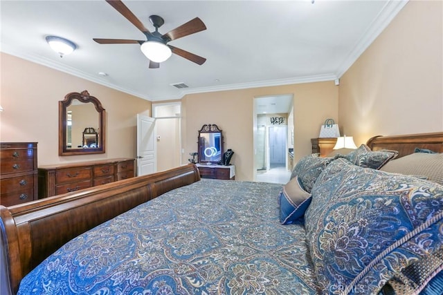 bedroom with ceiling fan and crown molding