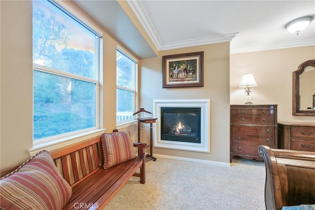 living area with light colored carpet and ornamental molding